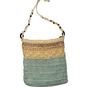 Crocheted tan, sand, blue, turquoise cross body woven bag brown beaded accents